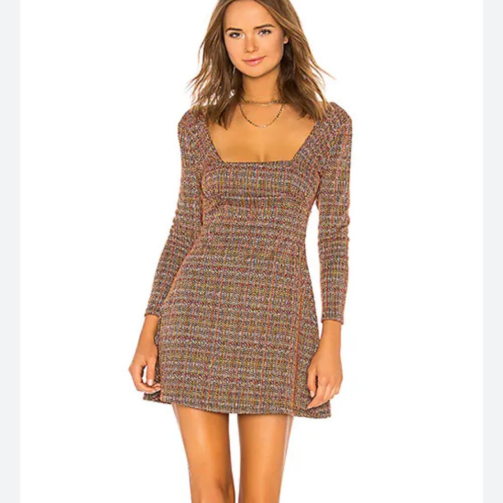 Free People Revolve Uptown Girl Plaid Tweed Long Sleeve Mini Dress Women size 6